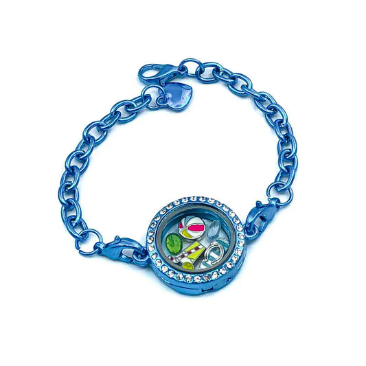 Metallic Blue Chain Link Glass Locket Bracelet Magnetic