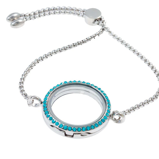 Glass Locket Bracelet with Light Blue Rhinestones