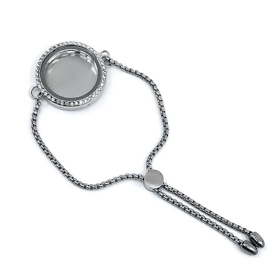 Glass Locket Bracelet with Clear Rhinestones