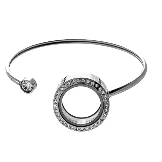 Glass Locket Bracelet Twist Off - Round Clear Rhinestone Stainless Steel